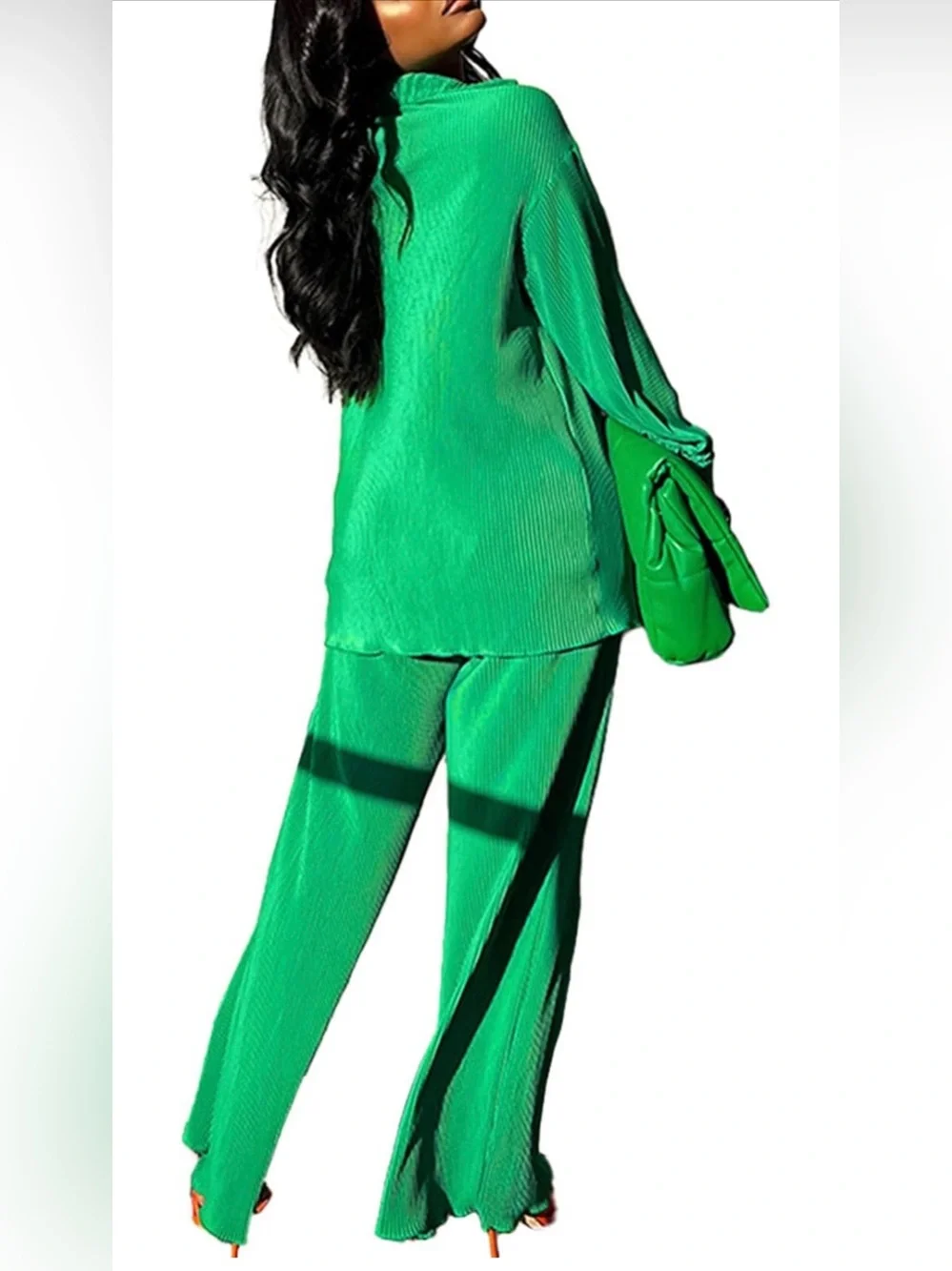 Green Pleated Two Piece Set | Button Front Shirt + Wide Leg Pants | M